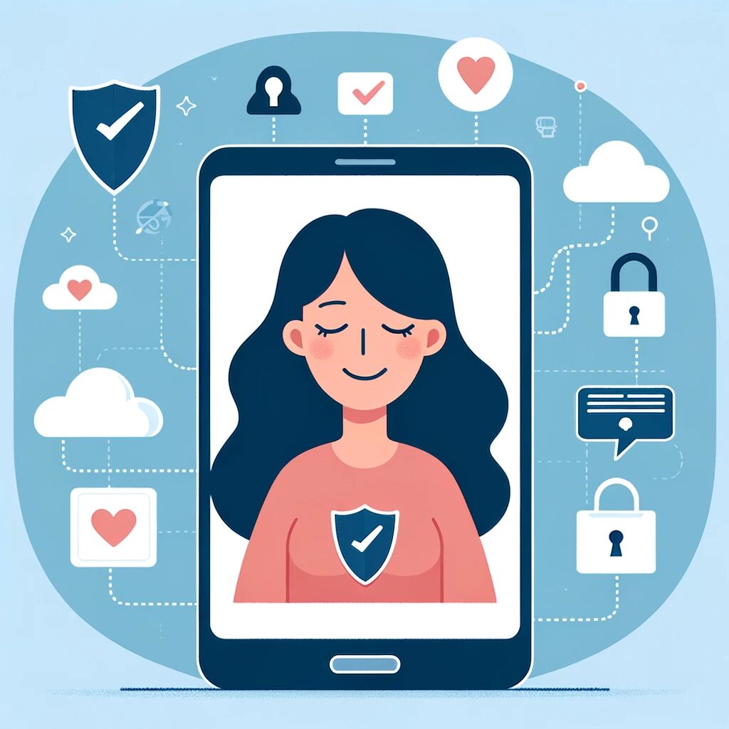 Alerta de Segurança: Proteja-se Contra Golpes no WhatsApp 1 Cliente seguro do Gaspar Bandeira Advogados sorrindo ao usar seu smartphone protegido por ícones de segurança, representando a confiança e proteção contra golpes online, em um fundo suave de tons pastéis.